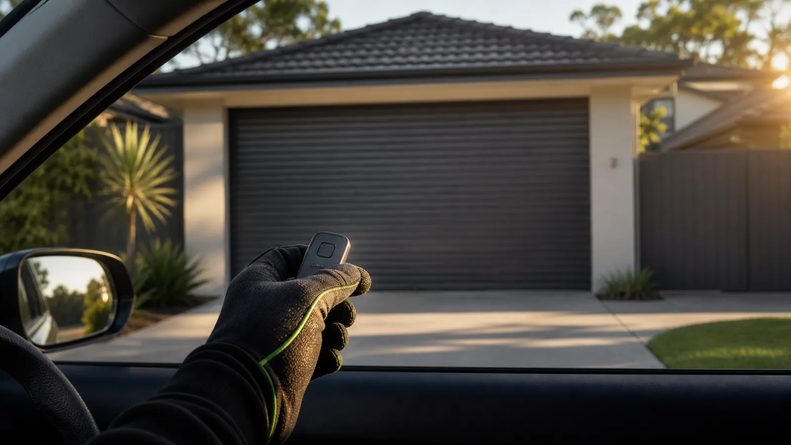 A garage door remote held up in a car at the kerb with a closed roller door in the background