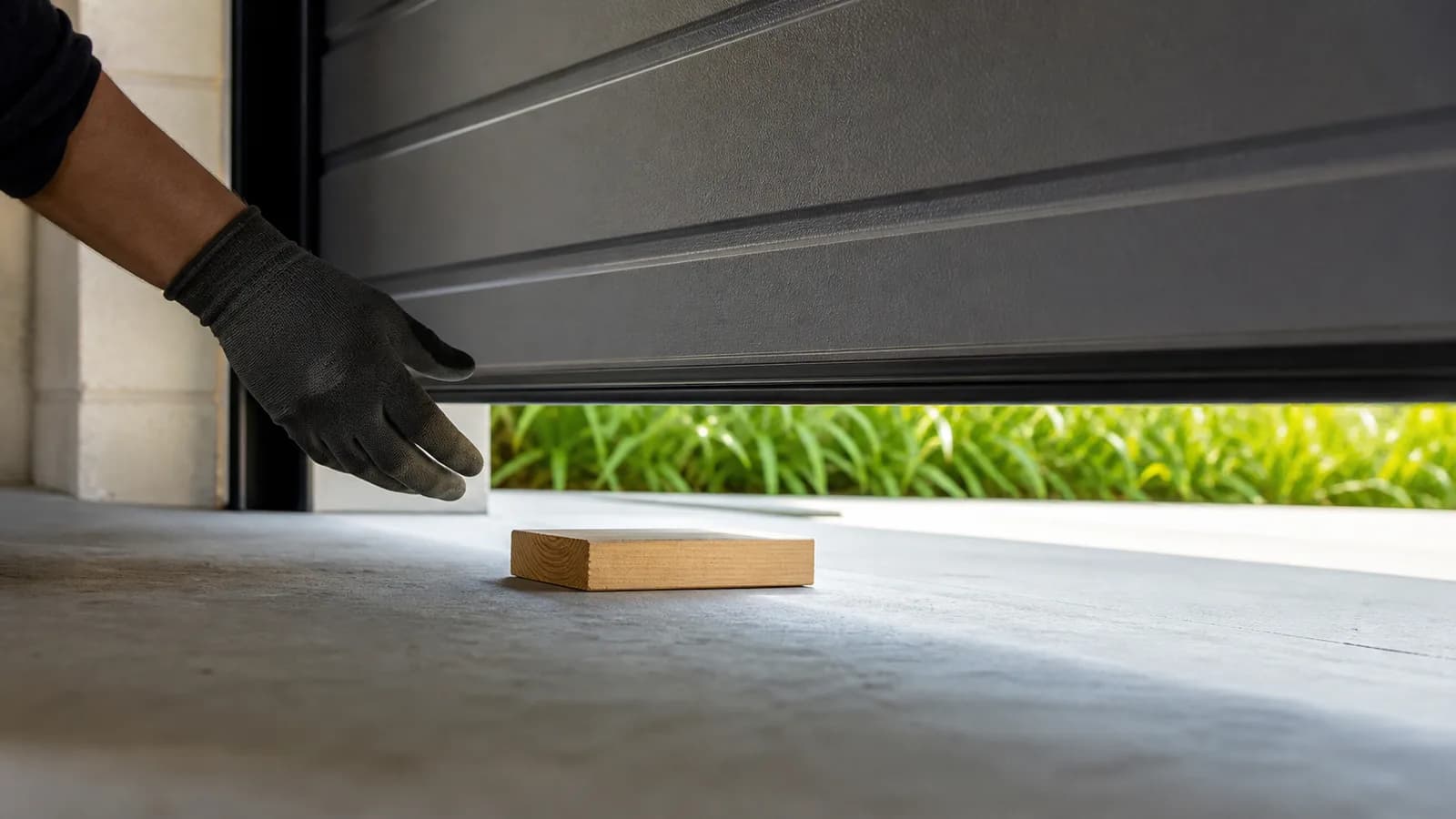 A timber offcut laid flat on a garage slab in the path of a closing sectional door