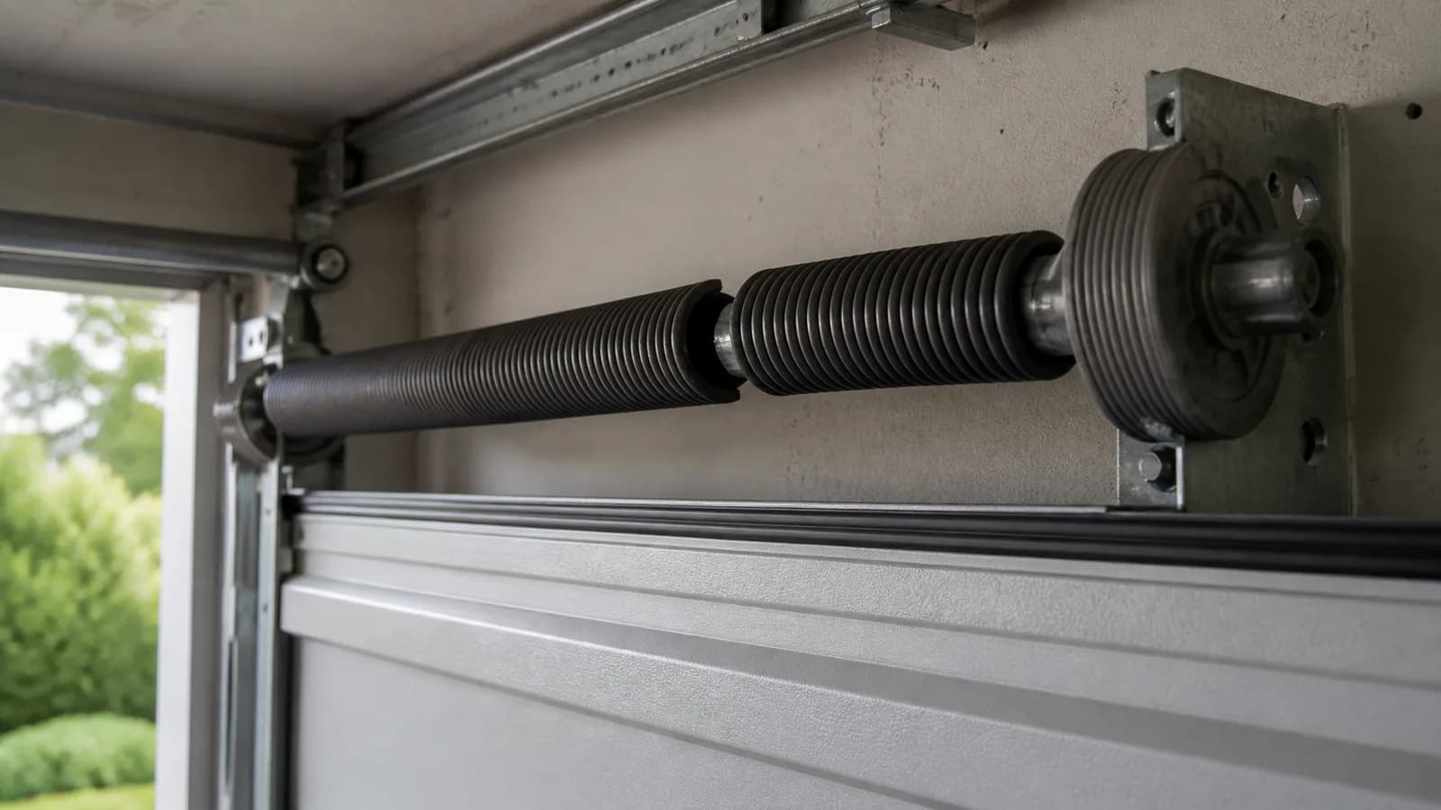 A torsion spring on the shaft above a closed sectional garage door showing a clear gap in the coil