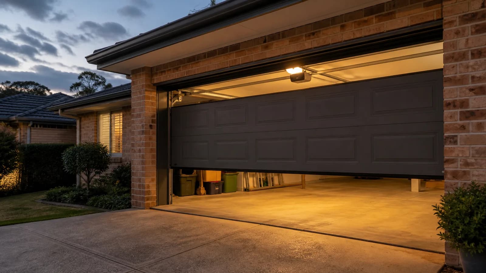 A garage door stopped half-closed at dusk with the motor's courtesy light on inside the garage