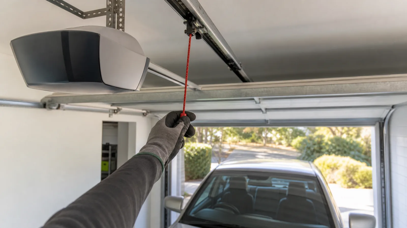 A gloved hand pulling the red manual release cord hanging from a garage door motor rail