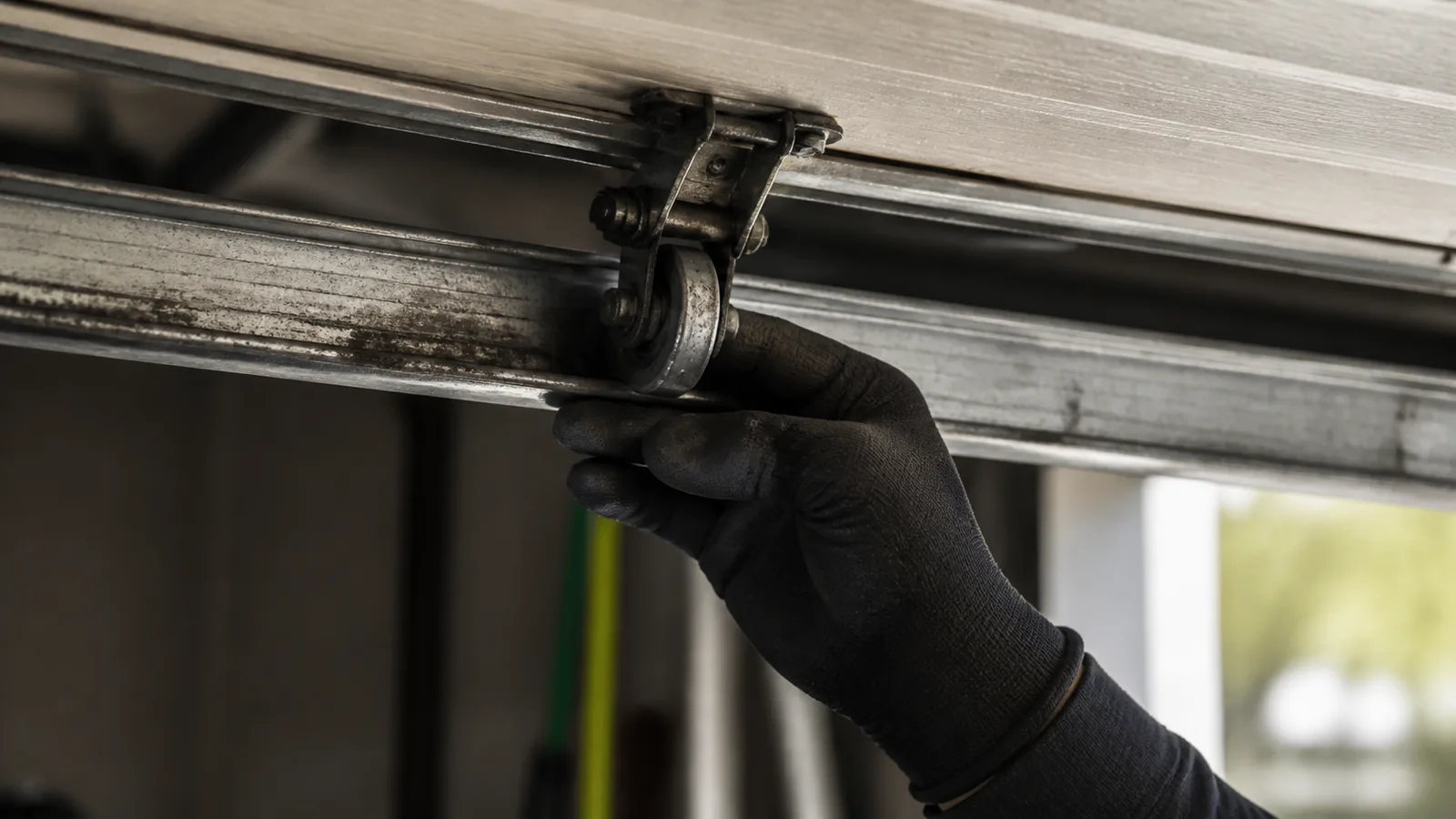 A gloved hand inspecting a garage door roller and hinge on the horizontal track inside a garage