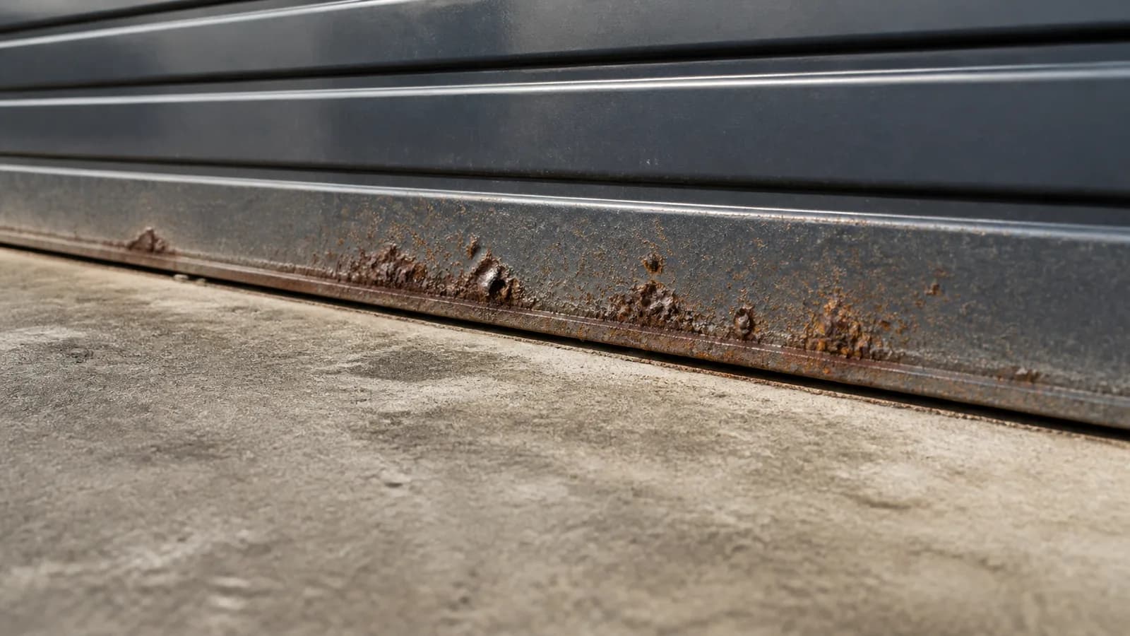 Rust bubbling through the paint along the bottom rail of a steel roller door near the coast
