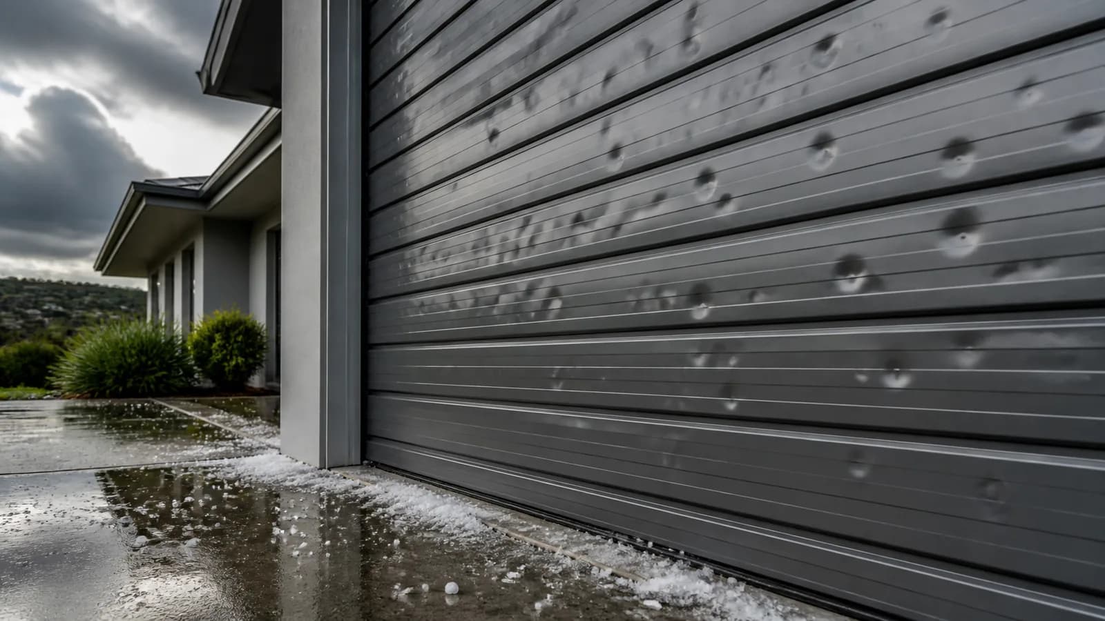 Hail dents across the slats of a steel roller door with storm cloud light behind