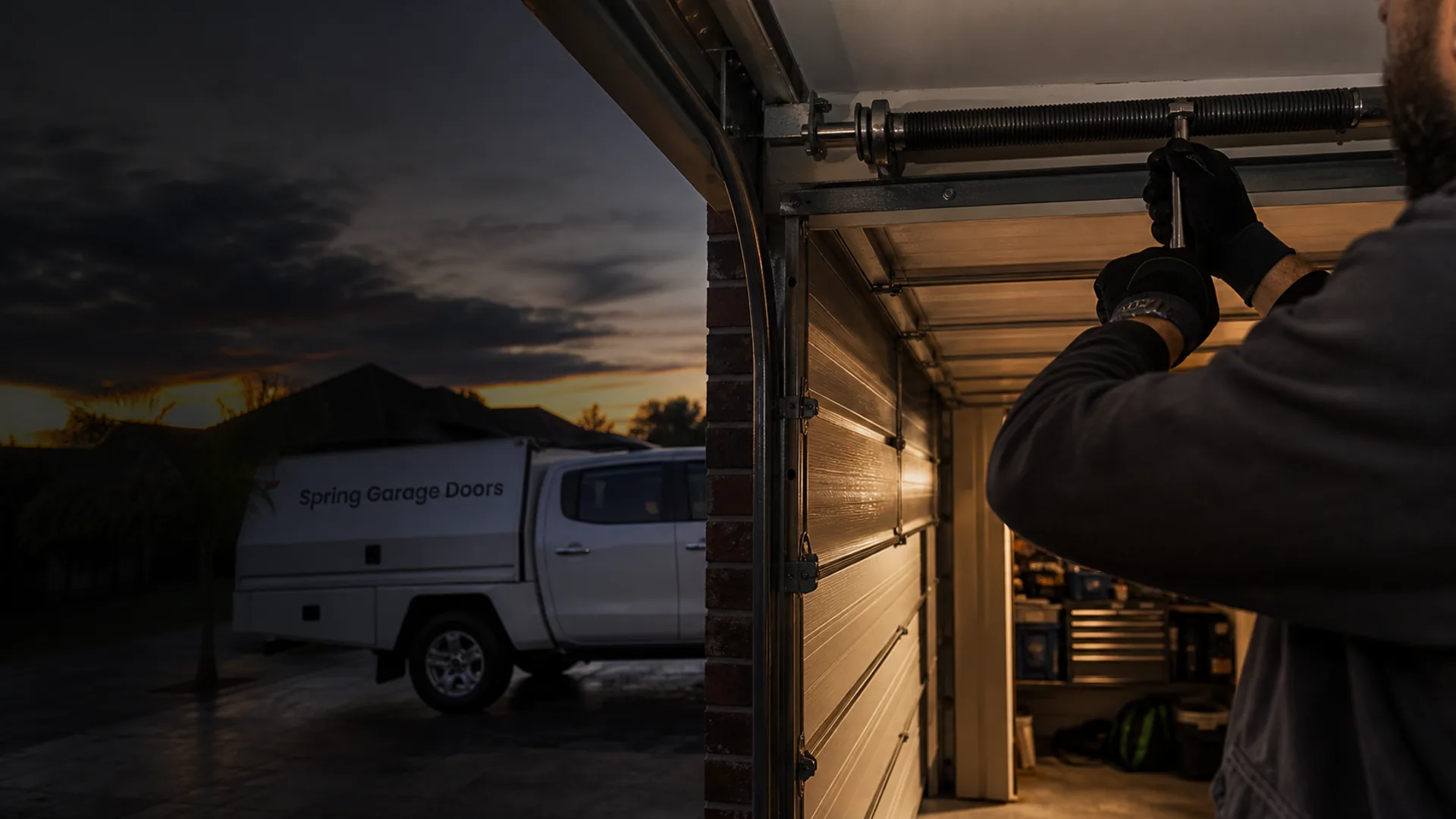 A garage door technician working on a sectional garage door's torsion spring at a Sydney home at dusk